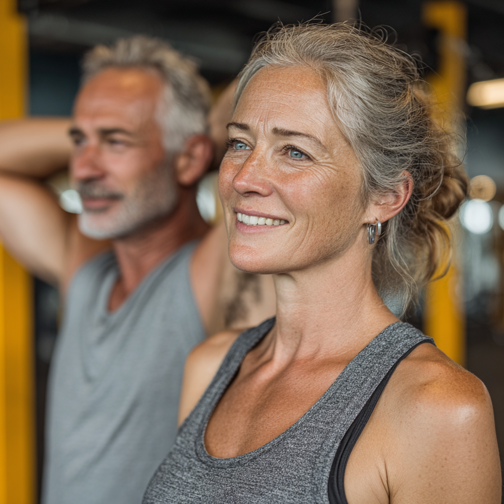 Mature couple in their 50s exercising together in a modern gym, both wearing comfortable athletic attire, smiling and engaged in functional fitness movements
